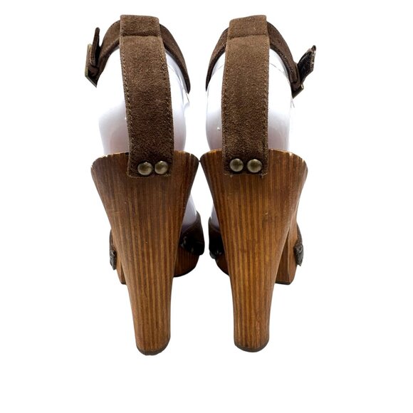 Beverly Feldman Cocoa‎ Suede Bejeweled T-Strap Wooden Sandals - Picture 7 of 11